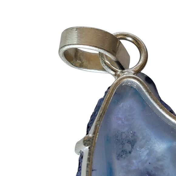 Blue Agate Slice Pendant – Sterling Silver Handmade 3" Crystal Necklace - Picture 9 of 12